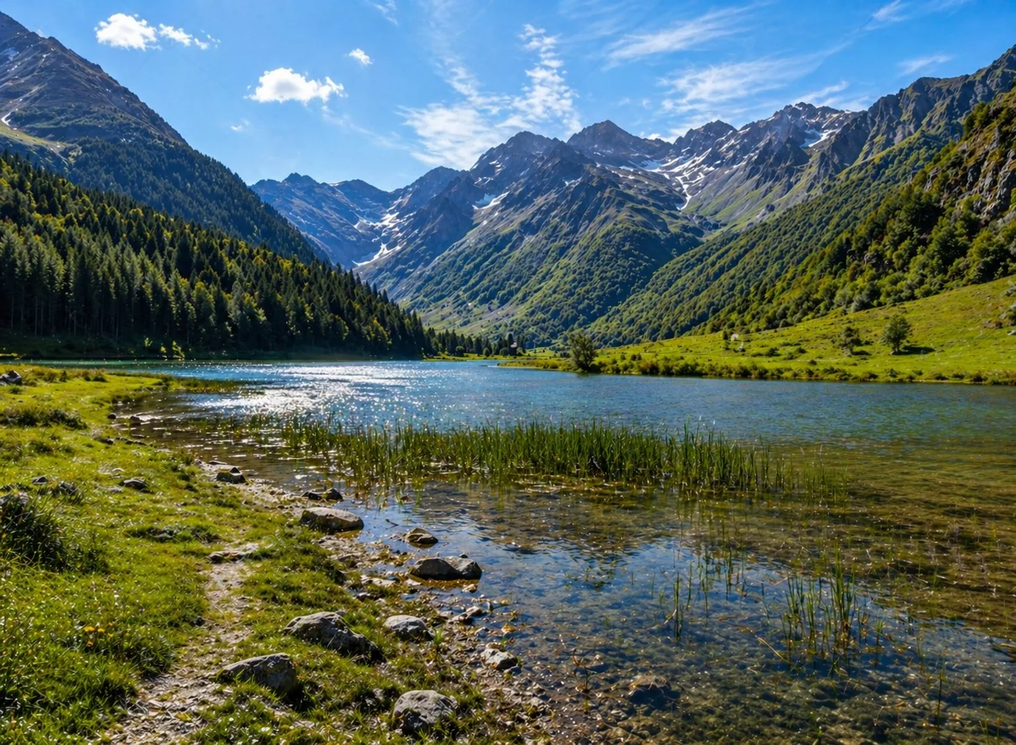 Vue du lac d’Estaing avec eau claire, montagnes, herbiers et paysage naturel du Val d’Azun