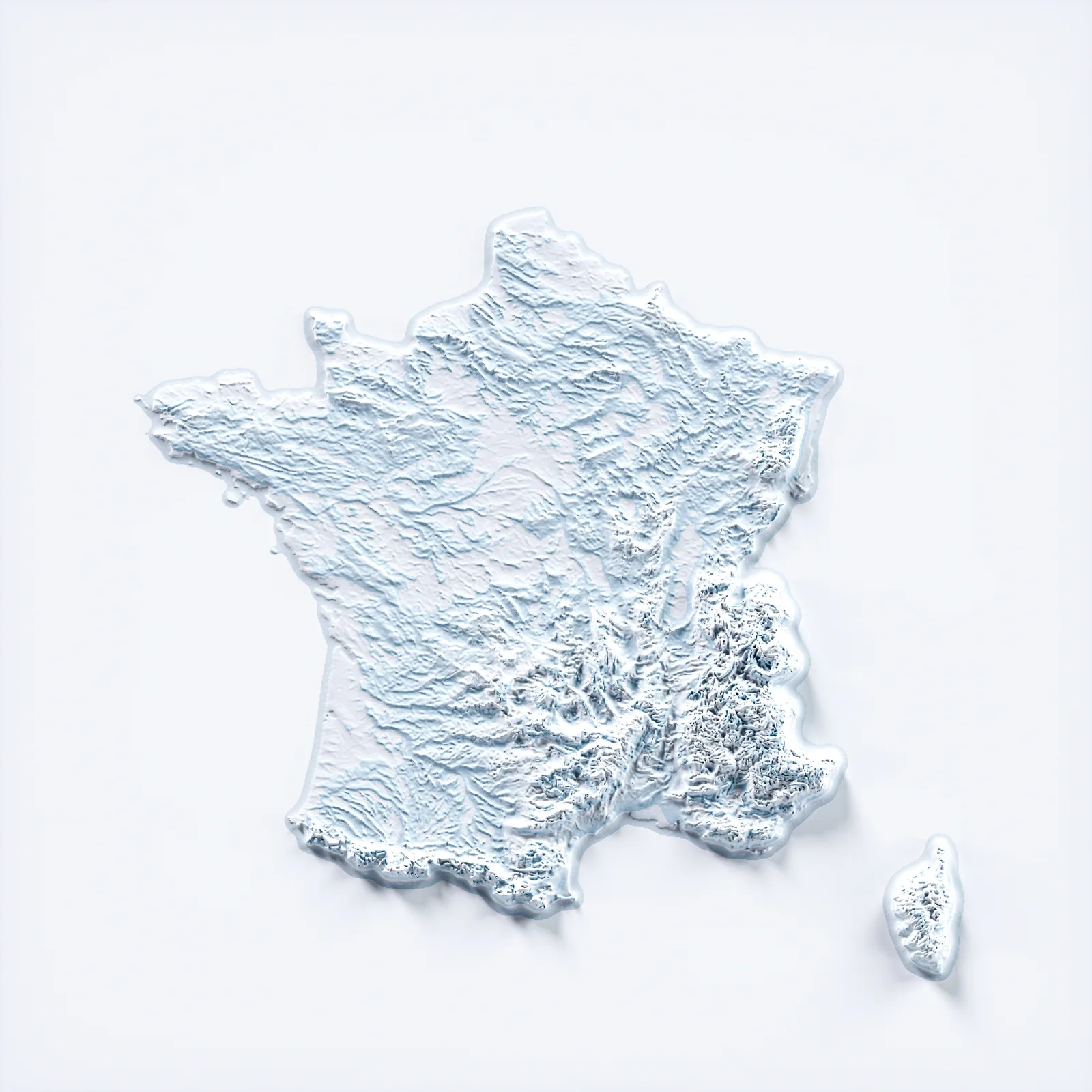 Carte en relief de la France métropolitaine et de la Corse illustrant la stratégie de visibilité locale pour location saisonnière