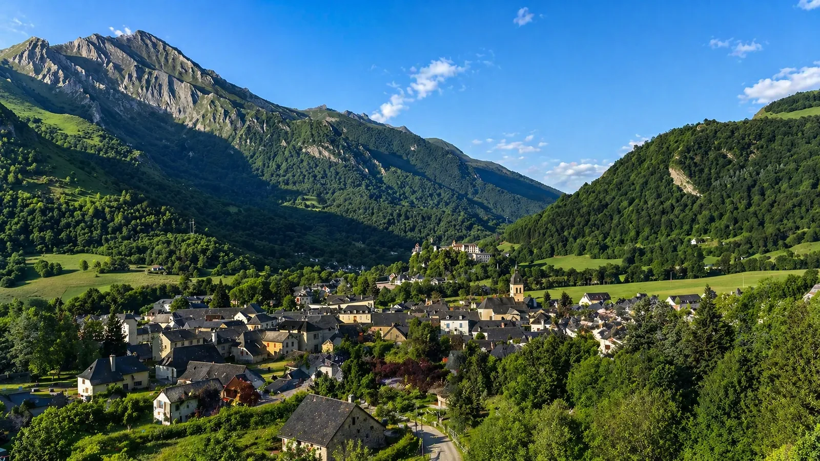 Vue panoramique du Val d’Azun avec village de montagne, vallées verdoyantes et sommets pyrénéens